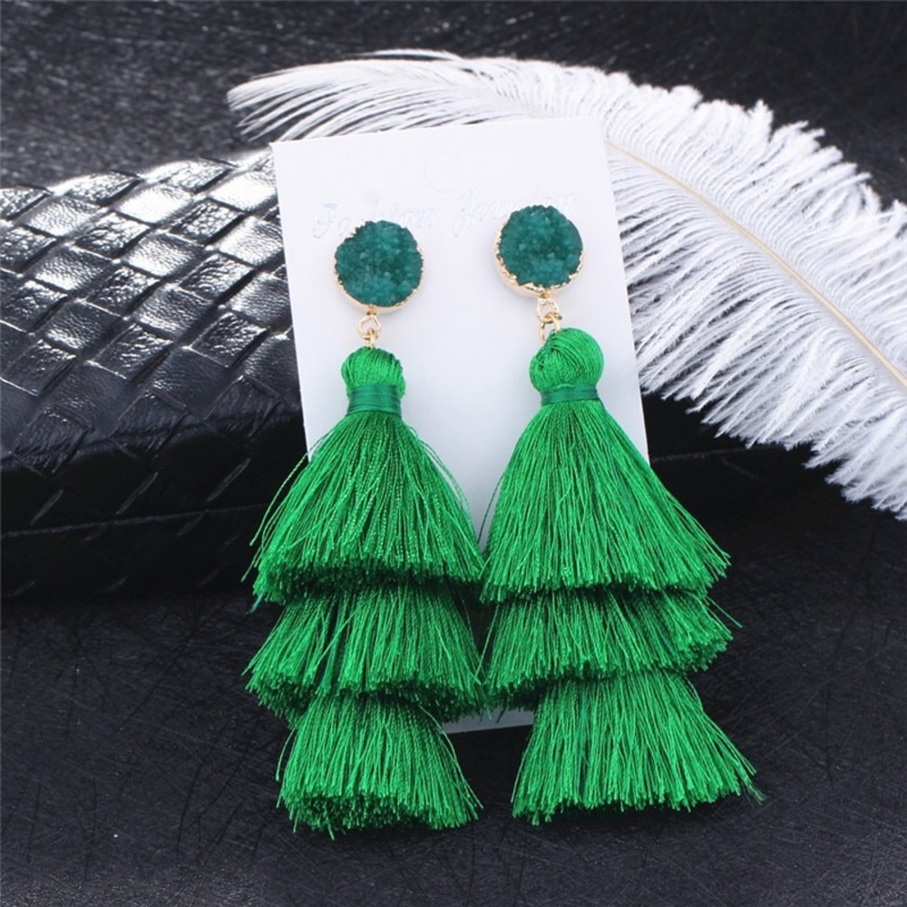 Green Faux Druzy Tassel Earrings